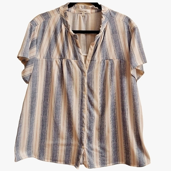 EDEN & OLIVIA Striped Button Down Short Sleeve Top - Picture 1 of 9